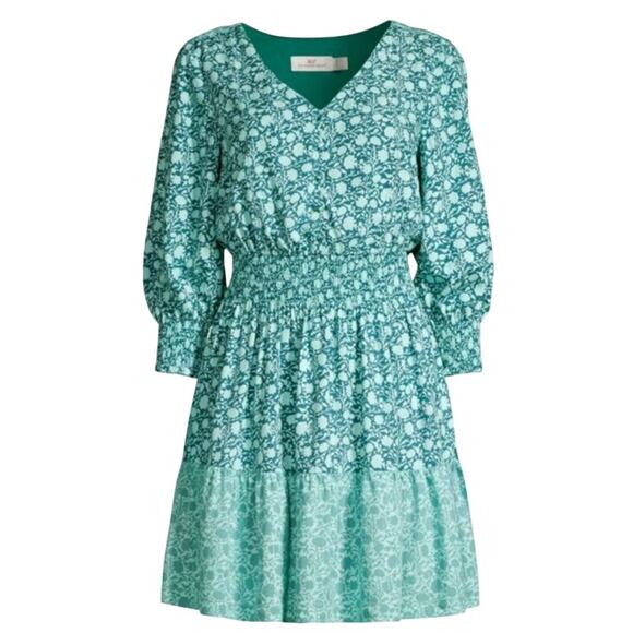 Vineyard Vines Dresses & Skirts - Vineyard Vines Floral Smocked Mini Dress Teal Green 3/4 Sleeve Size M